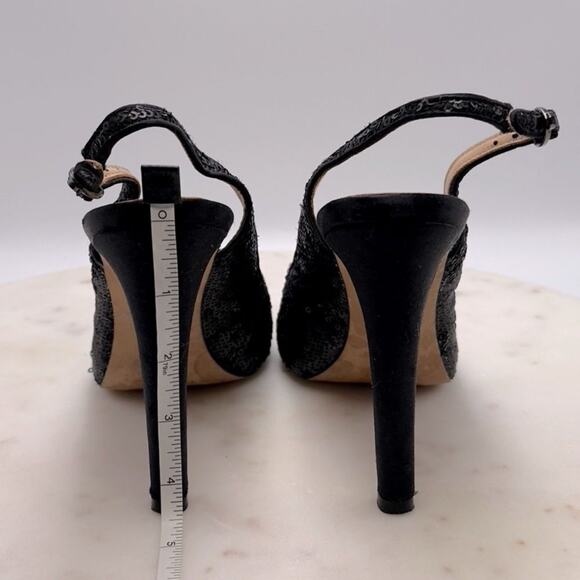 BCBGMAXAZRIA Bodhi Black Sequin Peep Toe Heels 7.5 Pumps Holiday Party Shoe NYE - Picture 8 of 11